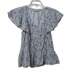 A.N.A Floral Blue White Ruffle Short Sleeve Top Women's Size Medium Cottagecore